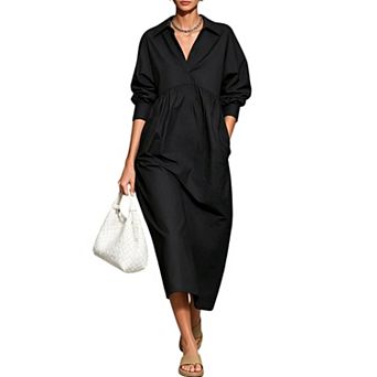 Women Formal Solid Color Deep V Neck Long Sleeve Wrap High Waist Midi Shirt Dress
