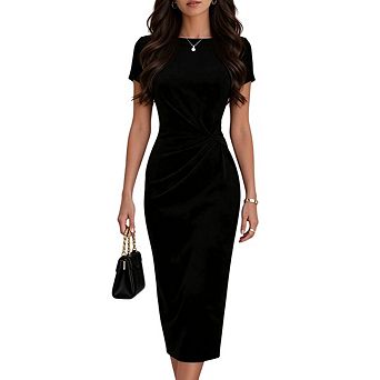 Women Elegant Crew Neck Short Sleeve Wrap High Wasit Slim Fit Bodycon Formal Midi Dress