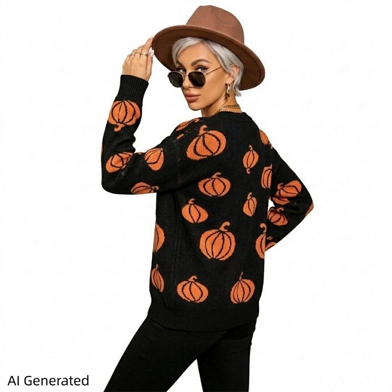Women’S Halloween Pumpkin Print Crew Neck Long Sleeve Knit Pullover ...