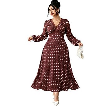 Women’S Plus Size Polka Dot V Neck Long Sleeve Midi Dress