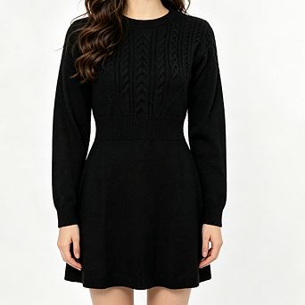 Round Neck Cable Knit Long Sleeve Dress Slim Waist Short Knit Dress