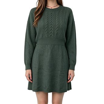 Round Neck Cable Knit Long Sleeve Dress Slim Waist Short Knit Dress