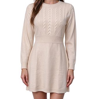 Round Neck Cable Knit Long Sleeve Dress Slim Waist Short Knit Dress