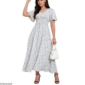 Women Casual Floral Print V Neck Short Sleeve High Waist Side Split A Line Vacation Maxi Dress