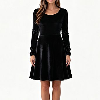 Round Neck Long Sleeve Velvet Skater Dress