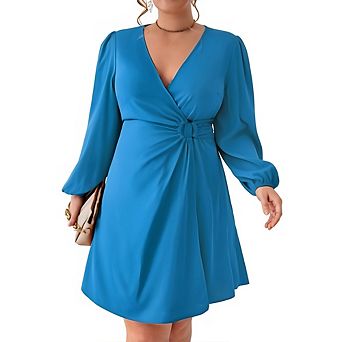 Plus-size Women's V-neck puff long sleeve A-line mini dress