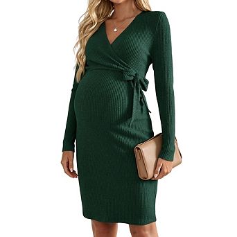Women Maternity Wrap V Neck Side Tie Waist Long Sleeve Nursing Ribbed Knit Bodycon Midi Dress