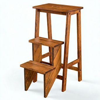 Costway 3 tier Folding Step Stool 3-in-1 Rubber Wood Ladder Storage Shelf