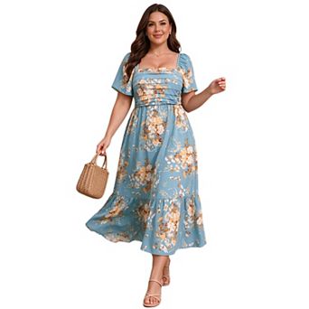 Plus Size Women Floral Tiered Ruffle Flowy Dress