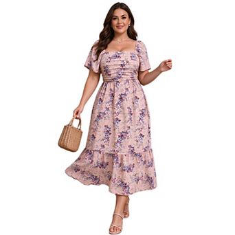 Plus Size Women Floral Tiered Ruffle Flowy Dress