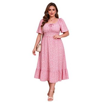 Plus Size Women Floral Square Neck Short Puff Sleeve Dress