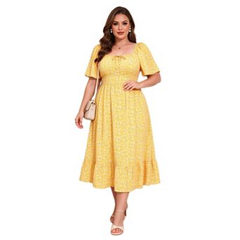 Plus Size Women Floral Square Neck Short Puff Sleeve Dress