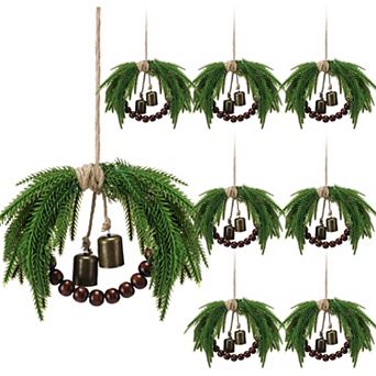 Fieldview 8 Pack Mini Norfolk Pine Christmas Cabinet Wreaths with Bells 8.6 in Rustic Farmhouse