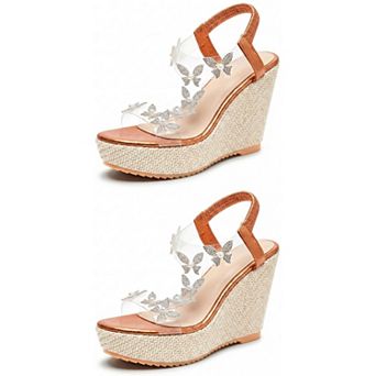 2 Pairs Women's Open Toe Wedge Sandals Rhinestone Butterfly Transparent Band Platform Summer Shoes