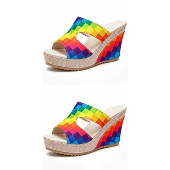 2 Pairs Women's Colorful Printed Hollow-out Platform Peep Toe Slip Sandals