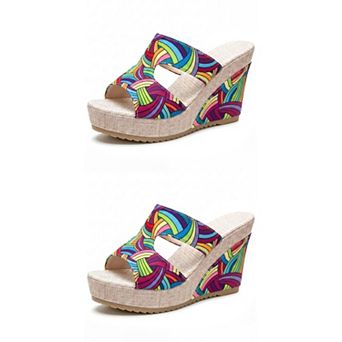 2 Pairs Women's Colorful Printed Hollow-out Platform Peep Toe Slip Sandals