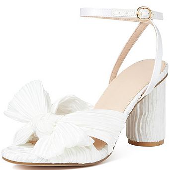 Womens Bow Knot Heeled Sandals Pleated Open Ankle Chunky Heels Bride Wedding