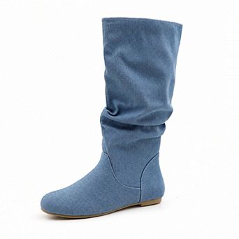 Shelly-1 Slouchy Round Toe Pull On Flat Mid Calf Boots