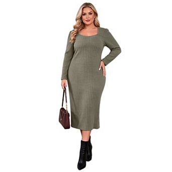 Plus Size Women Sweetheart Neck Ribbed Knit Midi Dress