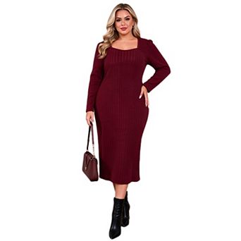 Plus Size Women Sweetheart Neck Ribbed Knit Midi Dress