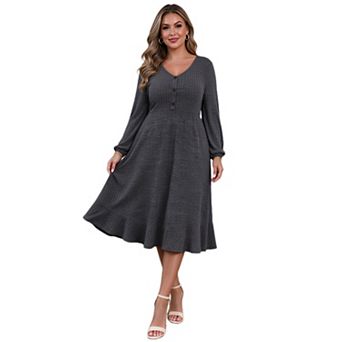 Plus Size Women Button Front Ruffle Hem Knit Dress