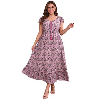 Plus Size Women Floral Print Tassel Tie A Line Dress