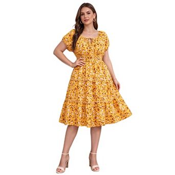 Plus Size Women Floral Tie Neck Puff Short Sleeve Dress