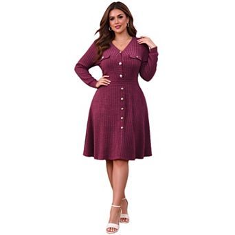 Plus Size Women Ribbed Knit Button A Line Swing Dress