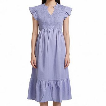 V-neck Ruffle Cap Sleeve Dress Smocked Waist Midi Dress
