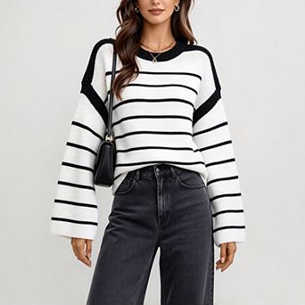 Women Fashion Crew Neck Long Sleeve Loose Ribbed Knit Pullover Sweaters