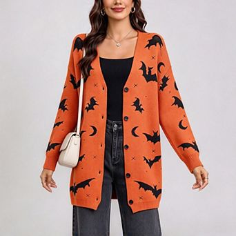 ShopWonder Womens Halloween Bat Jacquard Knitted Cardigans Long Sleeve Button Down Cardigan Sweater