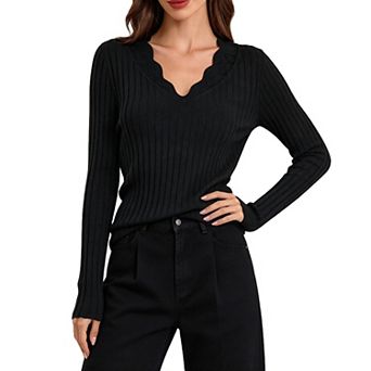 Valossie Women's Long Sleeve Ribbed Knit Top v Neck Lace Trim Slim Fit Casual Fall Layering Shirts
