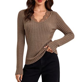 Valossie Women's Long Sleeve Ribbed Knit Top v Neck Lace Trim Slim Fit Casual Fall Layering Shirts