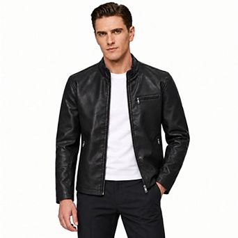 Men's Faux Leather Jacket Stand Collar Moto Style Full Zip Casual Coat