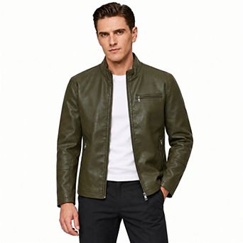 Men's Faux Leather Jacket Stand Collar Moto Style Full Zip Casual Coat