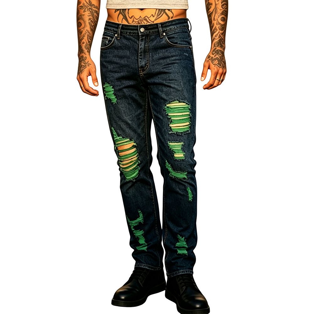 Men's Straight‑Leg Distressed Ripped Jeans,Decorative Inner‑Layer Denim ...