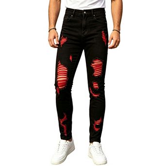 Men's Skinny Fit Distressed Ripped Jeans,Inner‑Layer Decor Denim Trousers