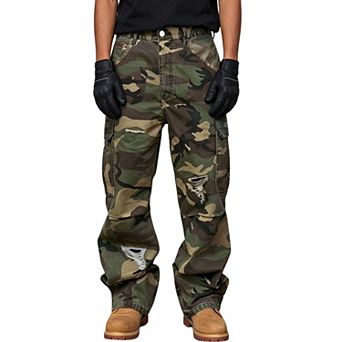 Men's Distressed Cargo Denim Jeans, Camo‑Print Loose Straight‑Fit Streetwear Trousers
