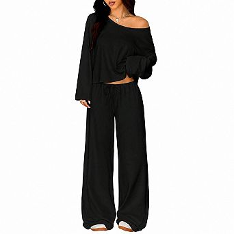 Womens 2 pc Off Shoulder Long Sleeve Lounge Set Wide Leg Pants Casual Fall Outfits