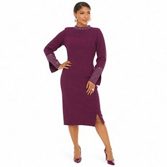 Donna Vinci Knits Women's Rhinestone Embellished Long Sleeve Midi Dress