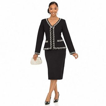 Donna Vinci Knits Women's Pearl & Rhinestone V-Neck Jacket & Skirt Set
