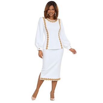 Donna Vinci Knits Women's Jeweled Trim Gathered Sleeve Jacket & Skirt Set