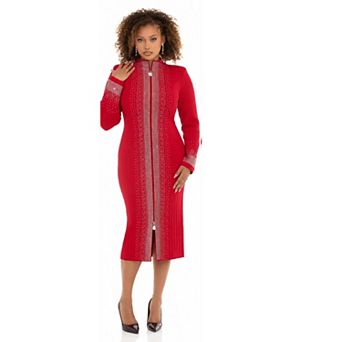 Donna Vinci Knits Women's Cascading Rhinestone Zip-Front Long Sleeve Midi Dress