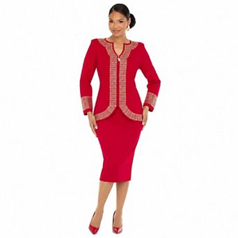 Donna Vinci Knits Women's Sculpted Neckline Rhinestone Trim 2 pc Skirt Suit