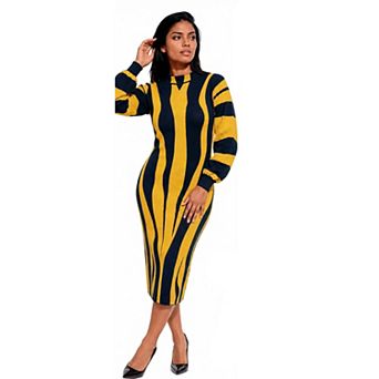 Donna Vinci Knits Women's Bold Linear Stripe Stand Collar Midi Dress