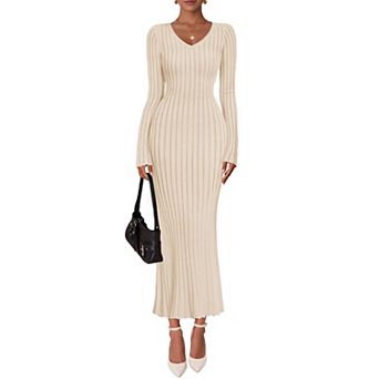 Women's Long Sleeve V Neck Ribbed Knit Bodycon Maxi Dress