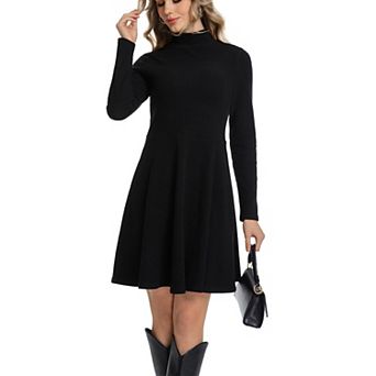 Women Turtleneck Ribbed Knit Long Sleeve A-Line Mini Dress