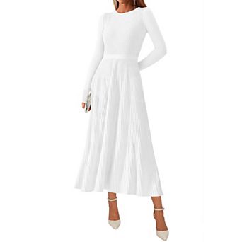 Ribbed Knit Pleated Long Sleeve Sweater Dress for Women