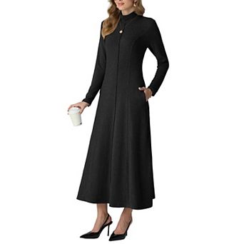 Women's Soft Casual Mock Neck Long Sleeve Flared Maxi Dress With Pockets