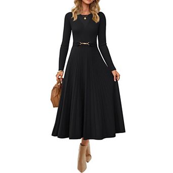 Womens Fall Long Sleeve Pleated Knit Midi Dress